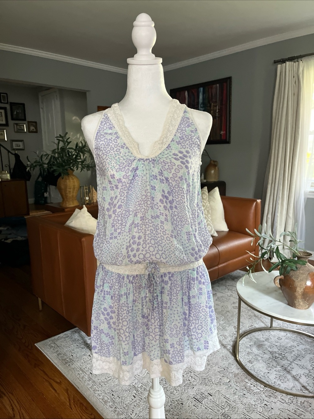 Poupette St Barth Mini Dress Lavender  Floral with Crochet Detail Trim Size 2